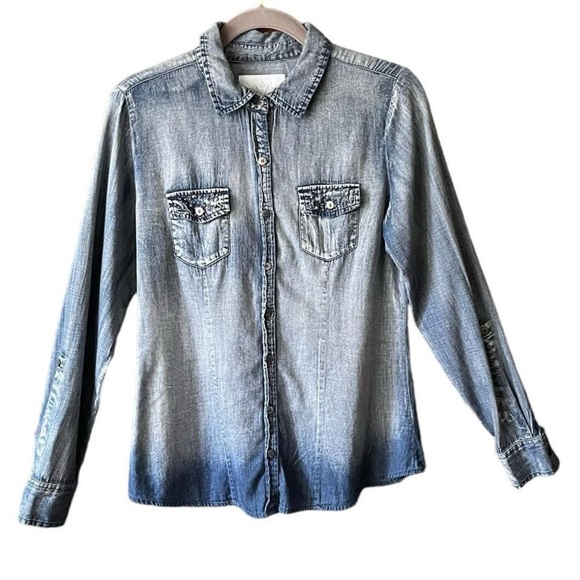 Tops - Blue Ombré  chambray Embroidered and Rhinestone Button up Shirt. Size medium
